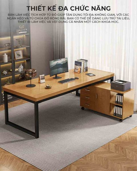 Combo Bàn Kết Hợp Tủ Hồ Sơ Khung Sắt Đen Mặt Gỗ - GM190