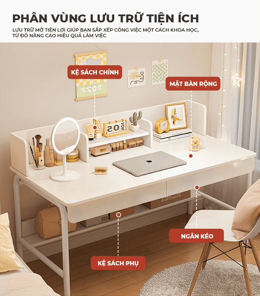 Bàn Làm Việc Có Ngăn Kéo Tích Hợp Kệ Sách Đa Năng Gỗ MDF GAPI - GM162