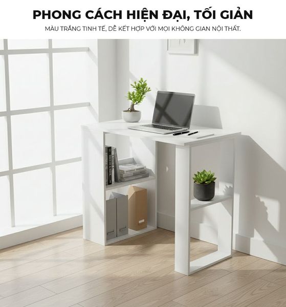 Bàn làm việc full trắng có kệ sách 2 bên hông tiện lợi - GP417