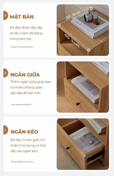 Tủ đầu giường gỗ công nghiệp 1 ngăn kéo và 1 hộc mở tiện lợi - GP343