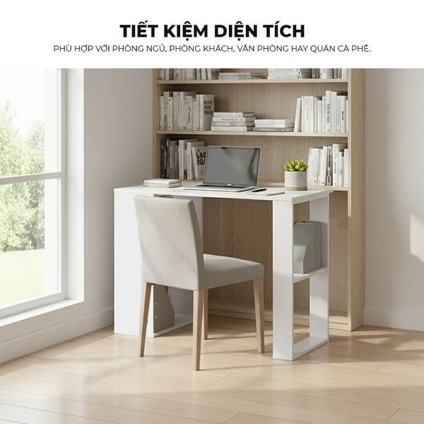 Bàn làm việc full trắng có kệ sách 2 bên hông tiện lợi - GP417