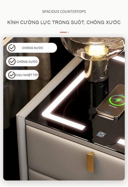 Tab đầu giường bọc da thông minh tích hợp đèn LED, sạc hiện đại - GA36