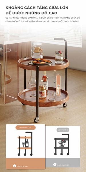Bàn Trà Di Động 2 Tầng Chân Đen Mặt Óc Chó - GM188