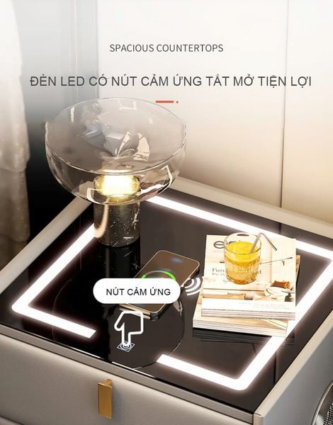Tab đầu giường bọc da thông minh tích hợp đèn LED, sạc hiện đại - GA36