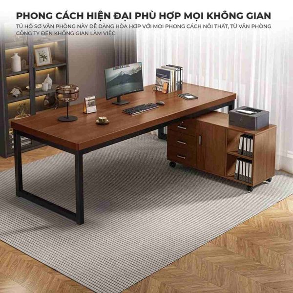 Combo Bàn Kết Hợp Tủ Hồ Sơ Khung Sắt Đen Mặt Gỗ - GM190