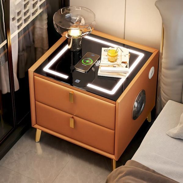 Tab đầu giường bọc da thông minh tích hợp đèn LED, sạc hiện đại - GA36