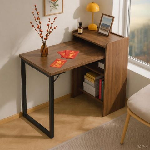 Bàn làm việc gấp gọn thông minh chân đen mặt óc chó GM230