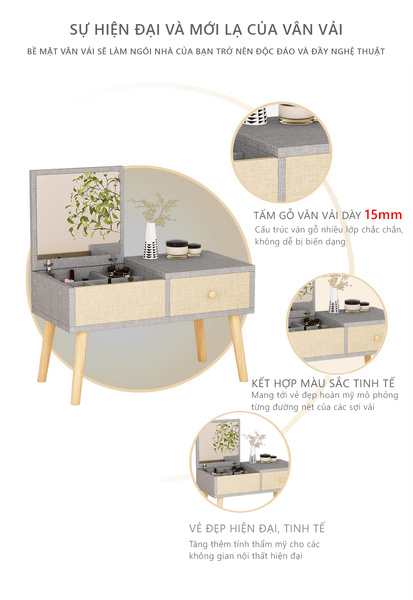 Bàn Trang Điểm GAPI Ngồi Bệt Gỗ MDF Màu Trắng-Vân Gỗ - GP143