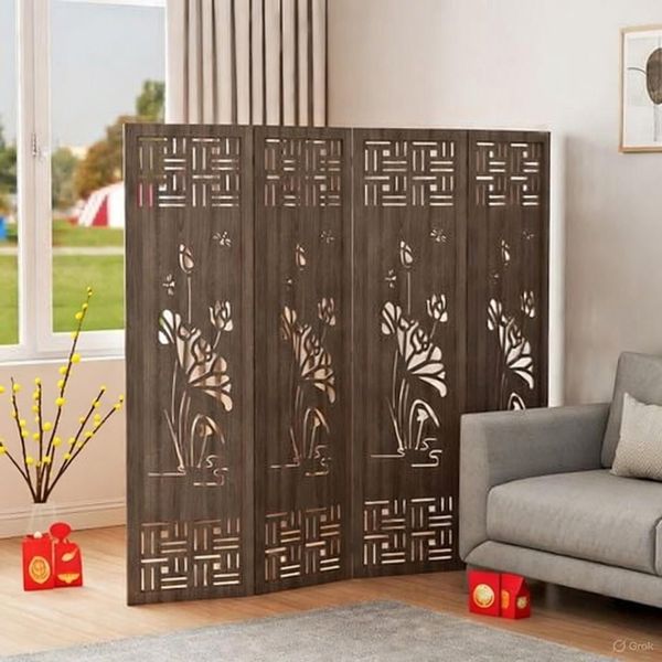 Bình Phong Gỗ MDF Họa Tiết Hoa Sen - GP396