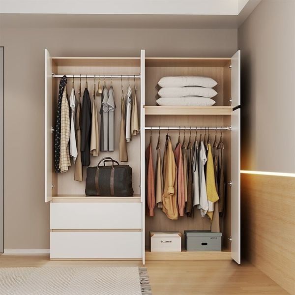 Tủ Quần Áo 4 Cánh To 2 Ngăn Kéo Trắng Vân Gỗ - GP329