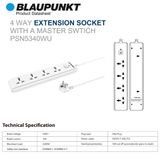  Ổ cắm điện Blaupunkt 4 ổ Dây 3m, Chống lửa, An toàn với trẻ em - PSN8340, PSN5340 
