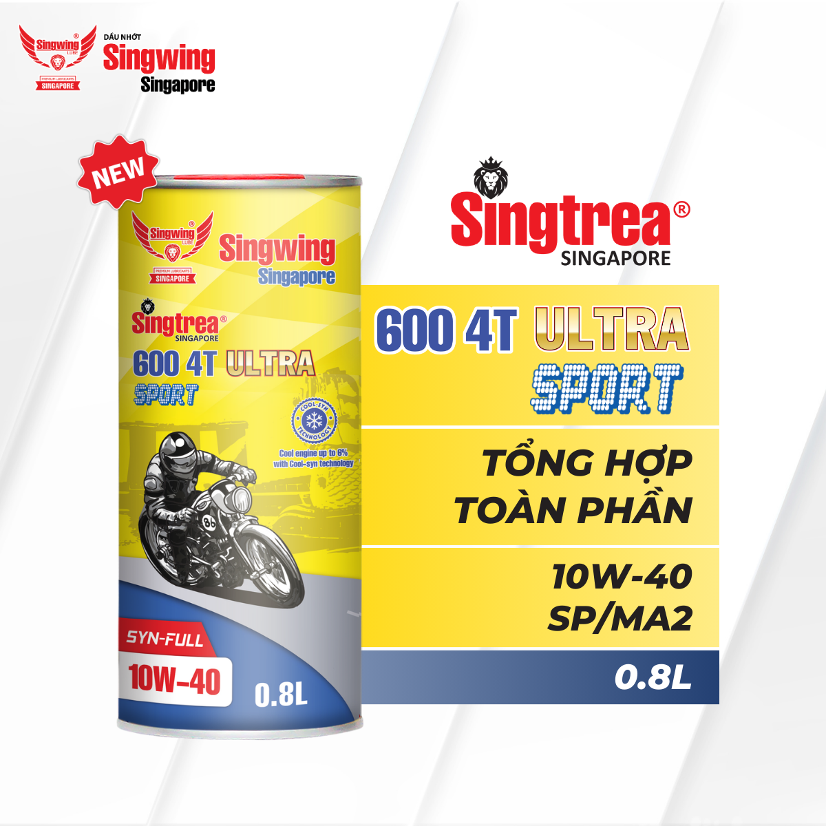  Nhớt xe máy Singtrea 600 4T Sport Ultra 10W40 SP/MA2 Syn-Full Lon 0.8L 