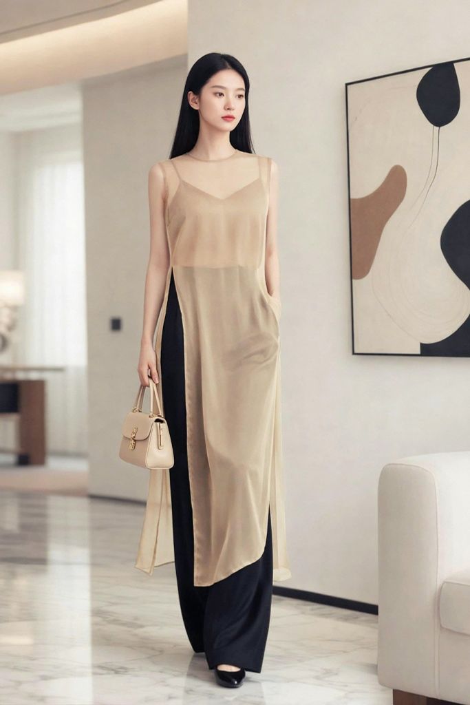 Áo Tơ Dáng Dài Xẻ Tà Mentosa 2 Màu-ATMTS141025L1