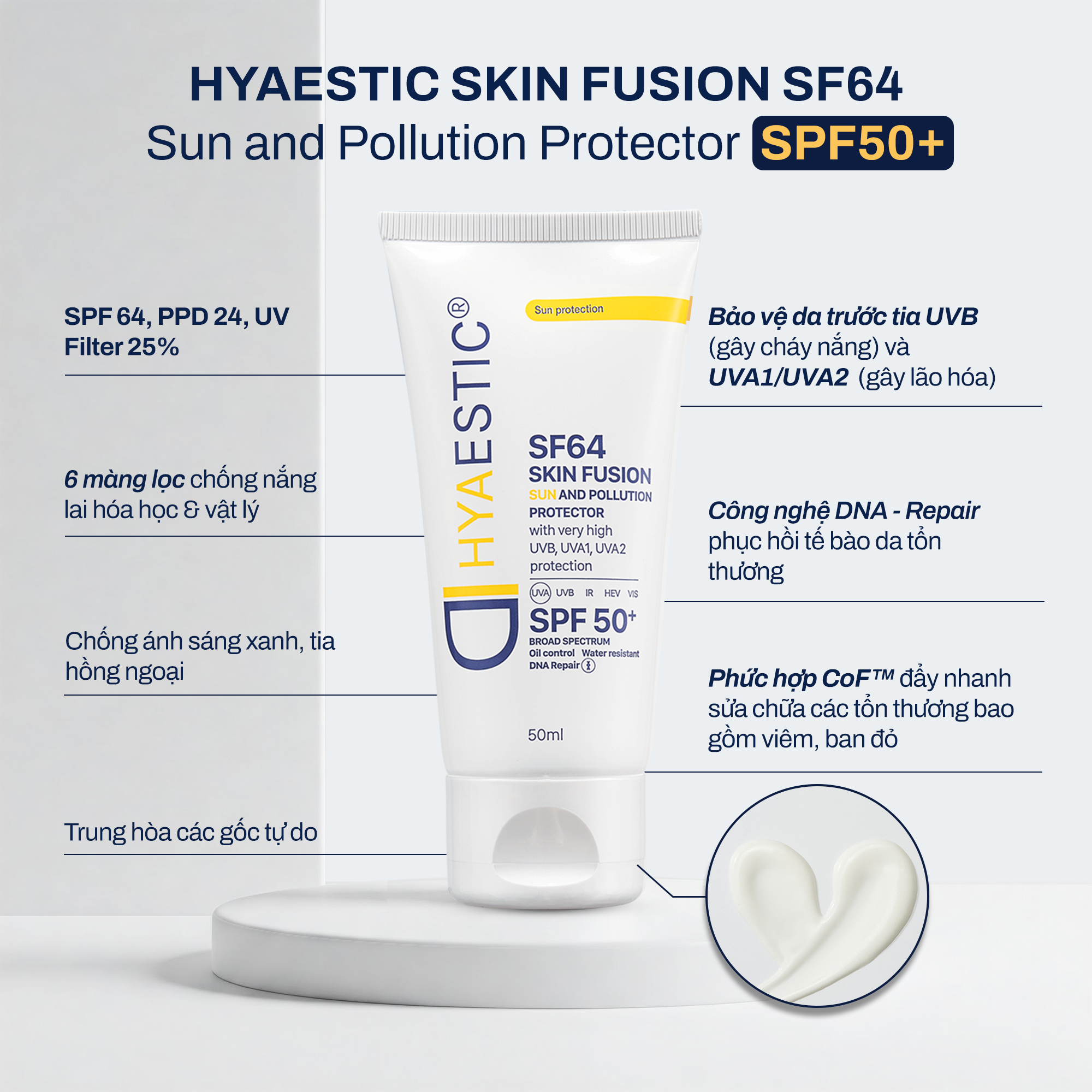  [COMBO] 2 TUÝP KEM CHỐNG NẮNG BẢO VỆ TỐI ĐA HYAESTIC SKIN FUSION SF64 SUN AND POLLUTION PROTECTOR SPF50+ 