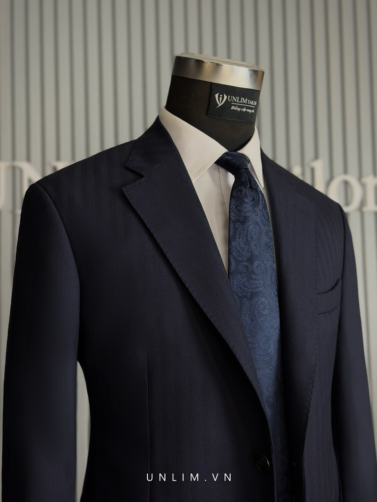 Suit Xanh Than Vân Kẻ Cổ K Hai Cúc