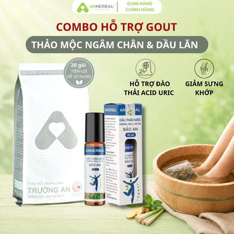 Combo hỗ trợ người bị gout ANHERBAL - Thảo mộc ngâm chân Trường An và dầu lăn Ấm An giảm đau nhức, làm ấm, ngủ ngon