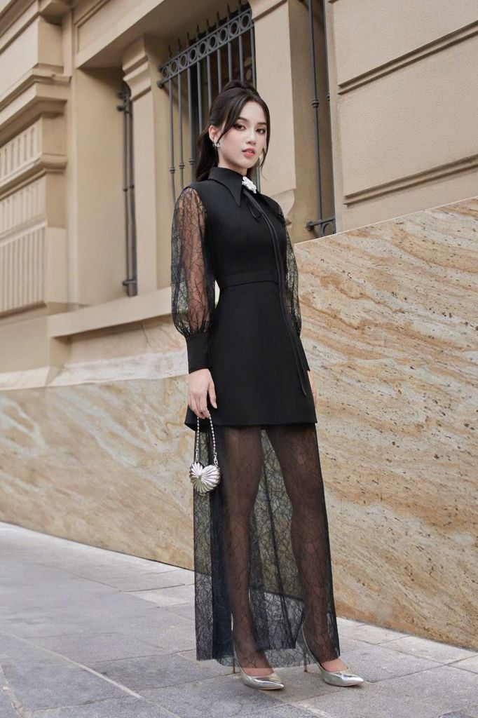 V1101 ĐẦM CỔ TRÒN PHỐI REN