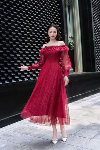 V1102 ĐẦM REN DÀI TRỄ VAI