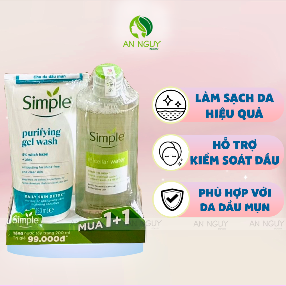 [Mua 1 Tặng 1] Sữa Rửa Mặt Simple 150ml + Nước Tẩy Trang Simple Micellar Water 200ml