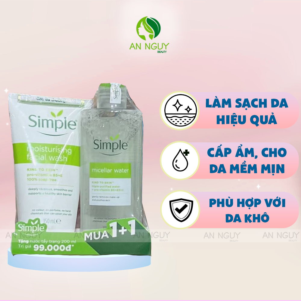 [Mua 1 Tặng 1] Sữa Rửa Mặt Simple 150ml + Nước Tẩy Trang Simple Micellar Water 200ml