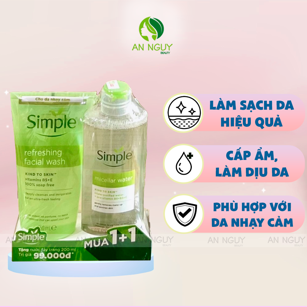 [Mua 1 Tặng 1] Sữa Rửa Mặt Simple 150ml + Nước Tẩy Trang Simple Micellar Water 200ml