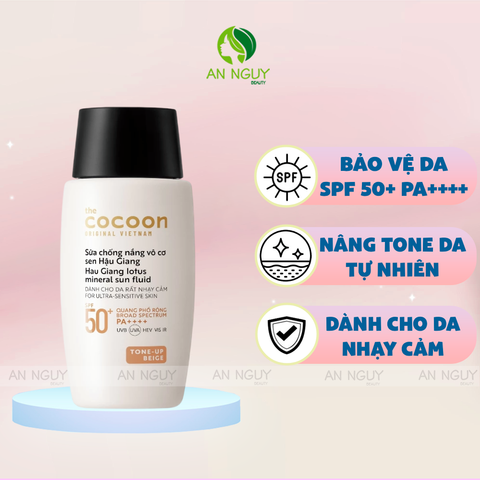 Sữa Chống Nắng Vô Cơ Cocoon Hau Giang Lotus Mineral Sun Fluid Sen Hậu Giang 50ml #Tone Up Beige
