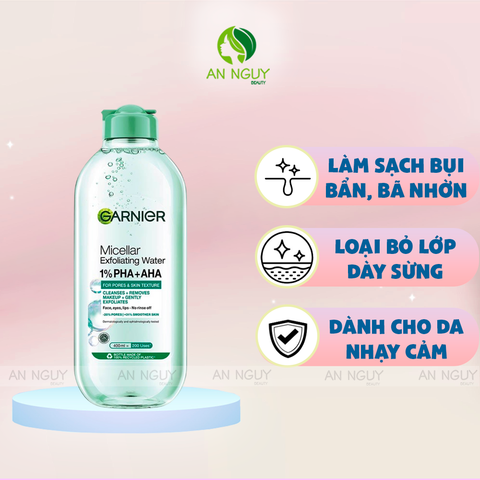 Nước Tẩy Trang Garnier Micellar Exfoliating Water 1% PHA + AHA Làm Sạch Tế Bào Da Chết 400ml
