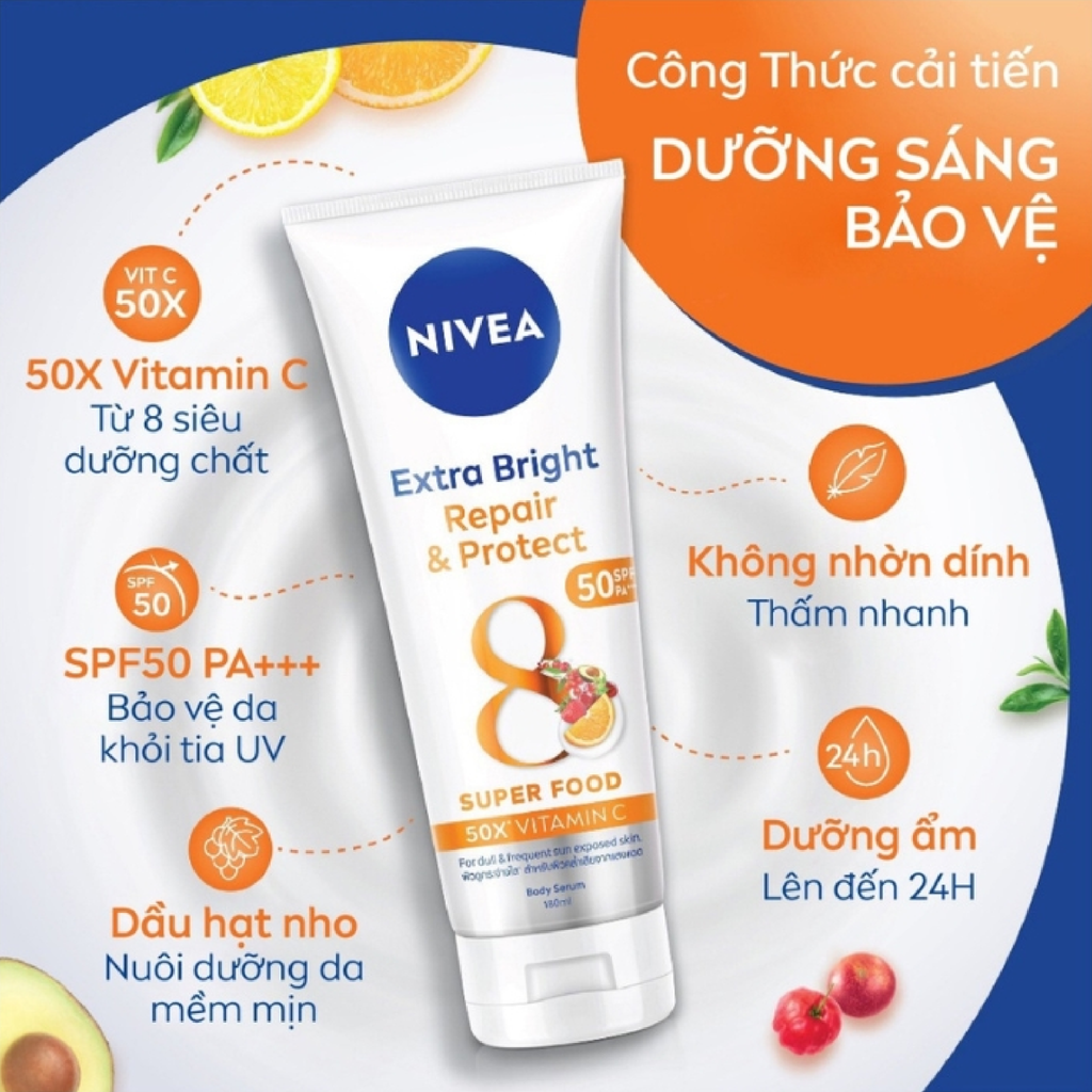 Tinh Chất Dưỡng Thể Chống Nắng Nivea Extra Bright Repair & Protect Body Serum SPF50 PA+++ Dưỡng Trắng 180ml