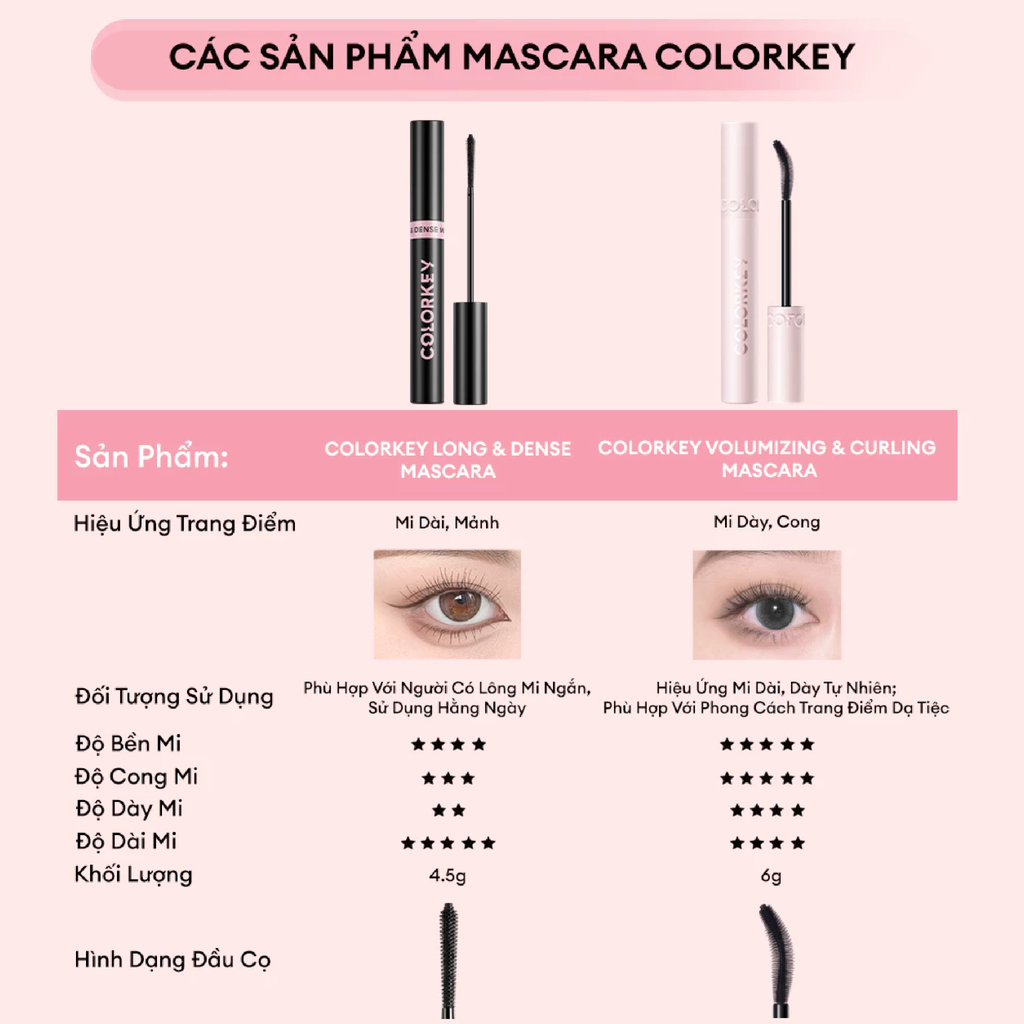 Mascara Colorkey Volumizing & Curling Mascara Làm Cong Và Dày Mi 6g
