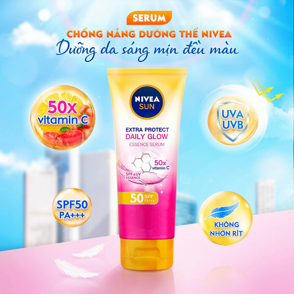 Serum Chống Nắng Dưỡng Thể Nivea Extra Protect Daily Glow Essence Serum SPF50 PA+++, Sáng Mịn Đều Màu 180ml