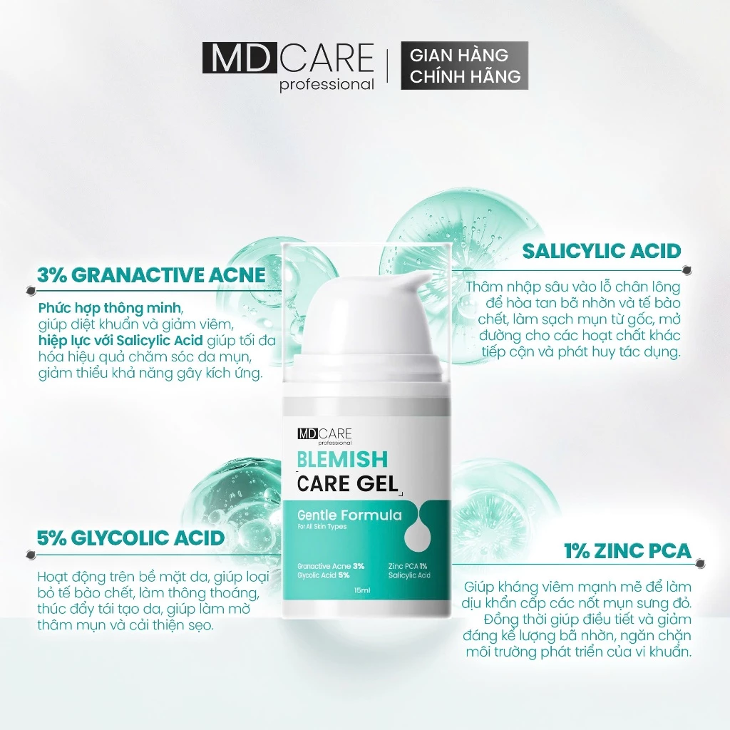 Gel Chấm Mụn MD Care Blemish Care Gel Hỗ Trợ Làm Dịu Và Cải Thiện Mụn Viêm 15ml