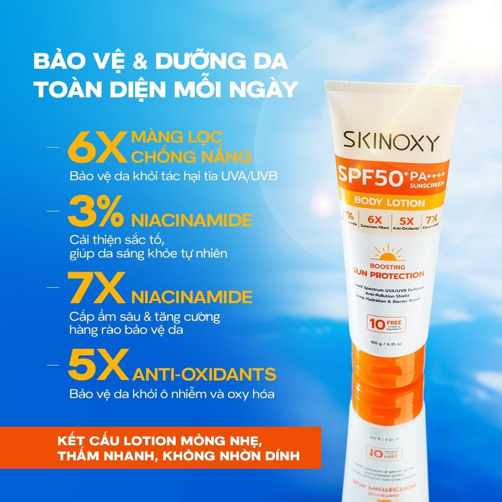 Dưỡng Thể Chống Nắng Sáng Da Skinoxy Boosting Sun Protection Body Lotion SPF50+ PA++++ 180gr