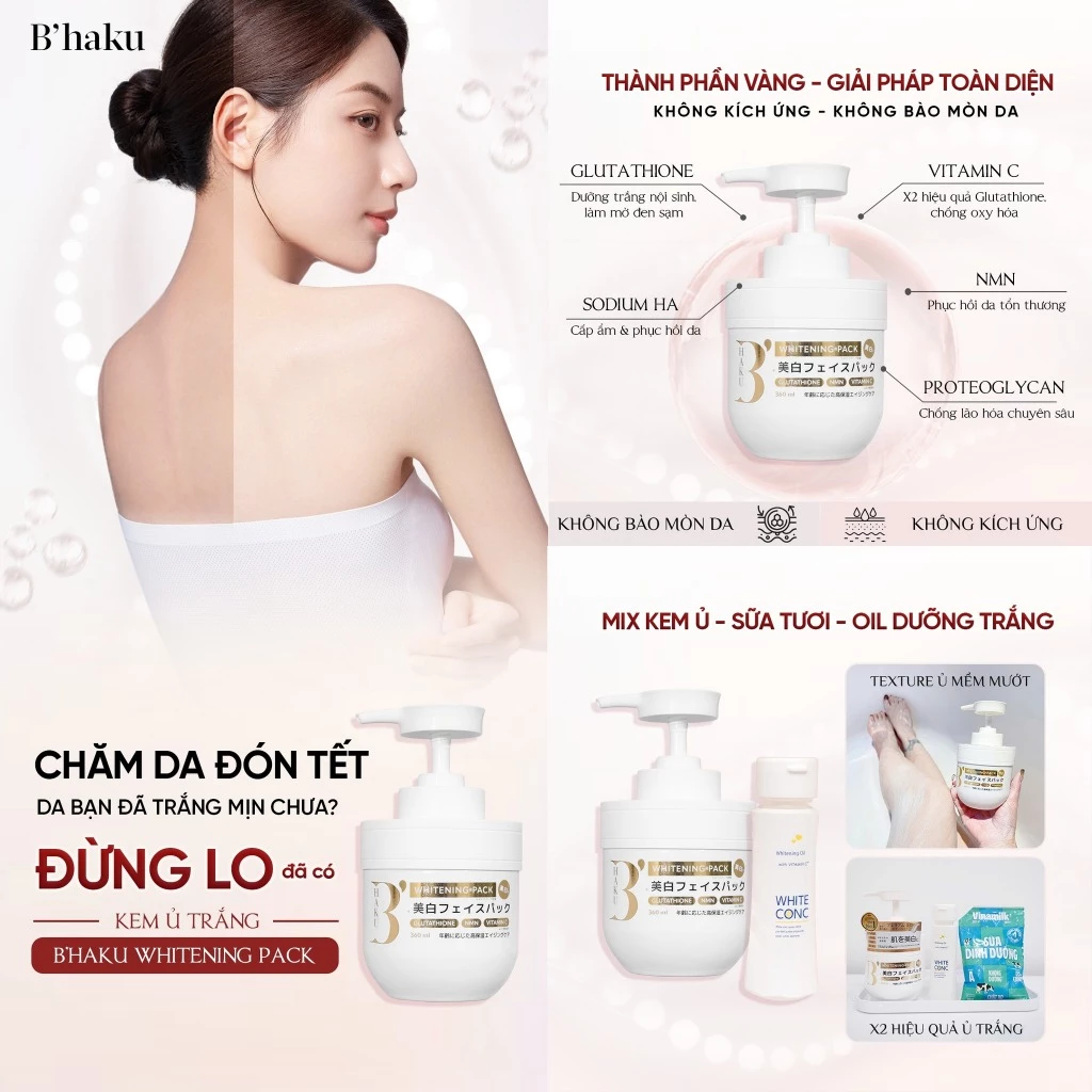 Kem Ủ Trắng B’haku Whitening Pack Dưỡng Sáng, Làm Dịu Phục Hồi Da Cháy Nắng 360ml