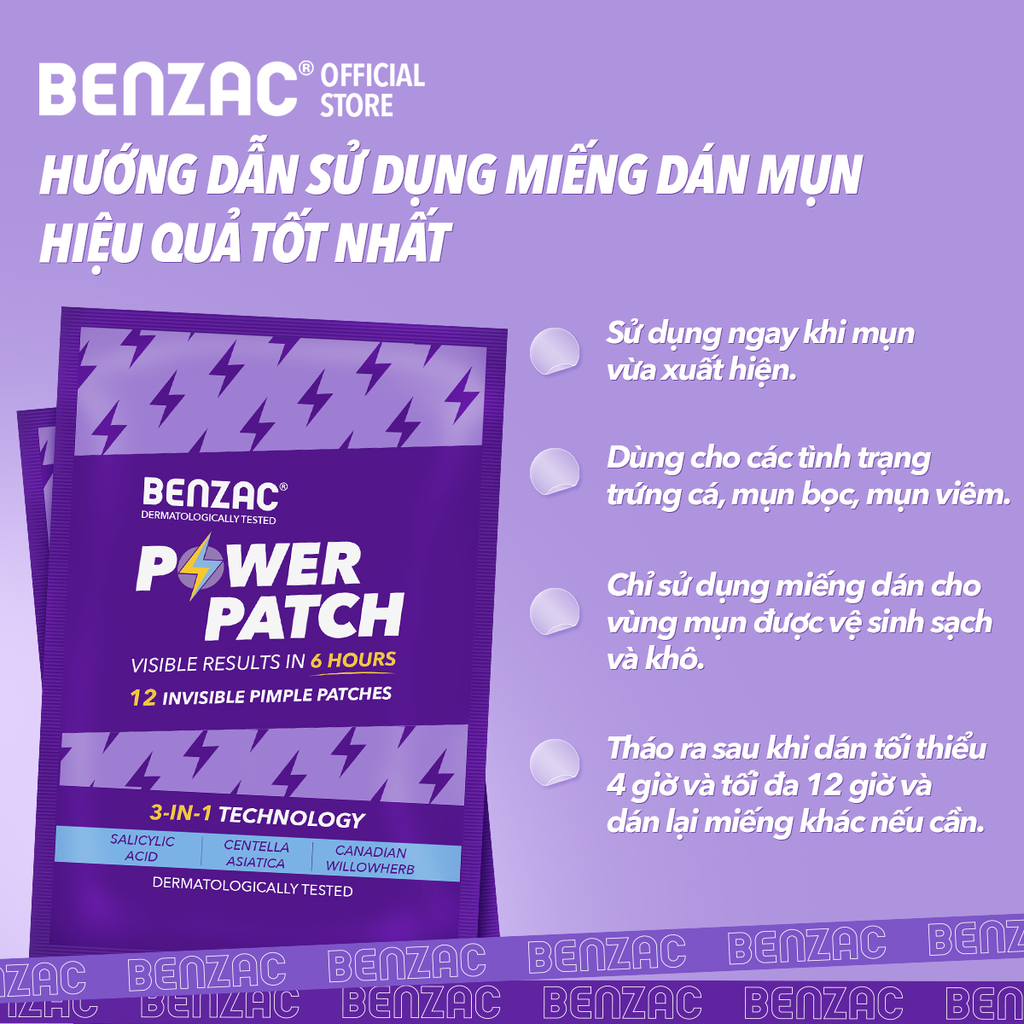 Miếng Dán Mụn Benzac 3 In 1 Power Patch Bảo Vệ Và Ngăn Ngừa Mụn 12 Miếng