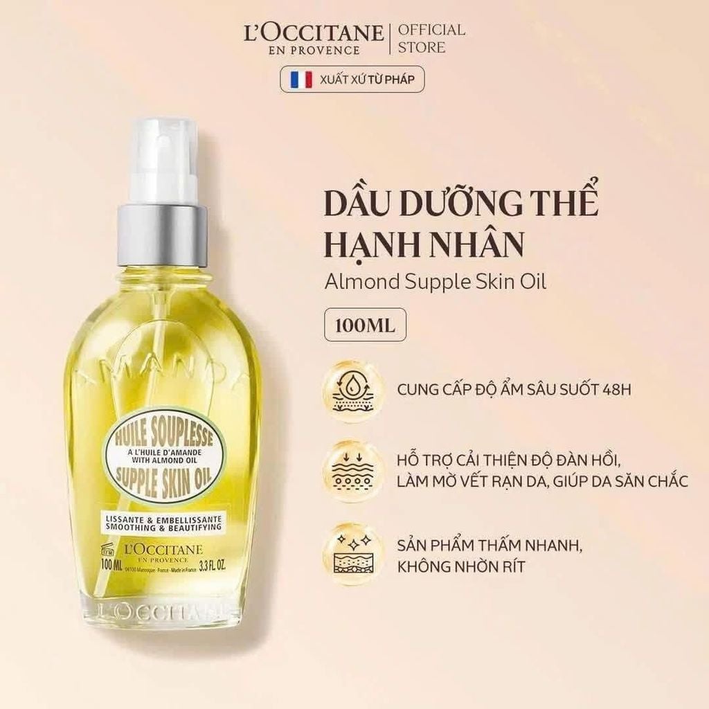 Dầu Dưỡng Thể Hạnh Nhân L'Occitane Almond Supple Skin Oil Làm Mềm, Phục Hồi Da Săn Mịn 100ml