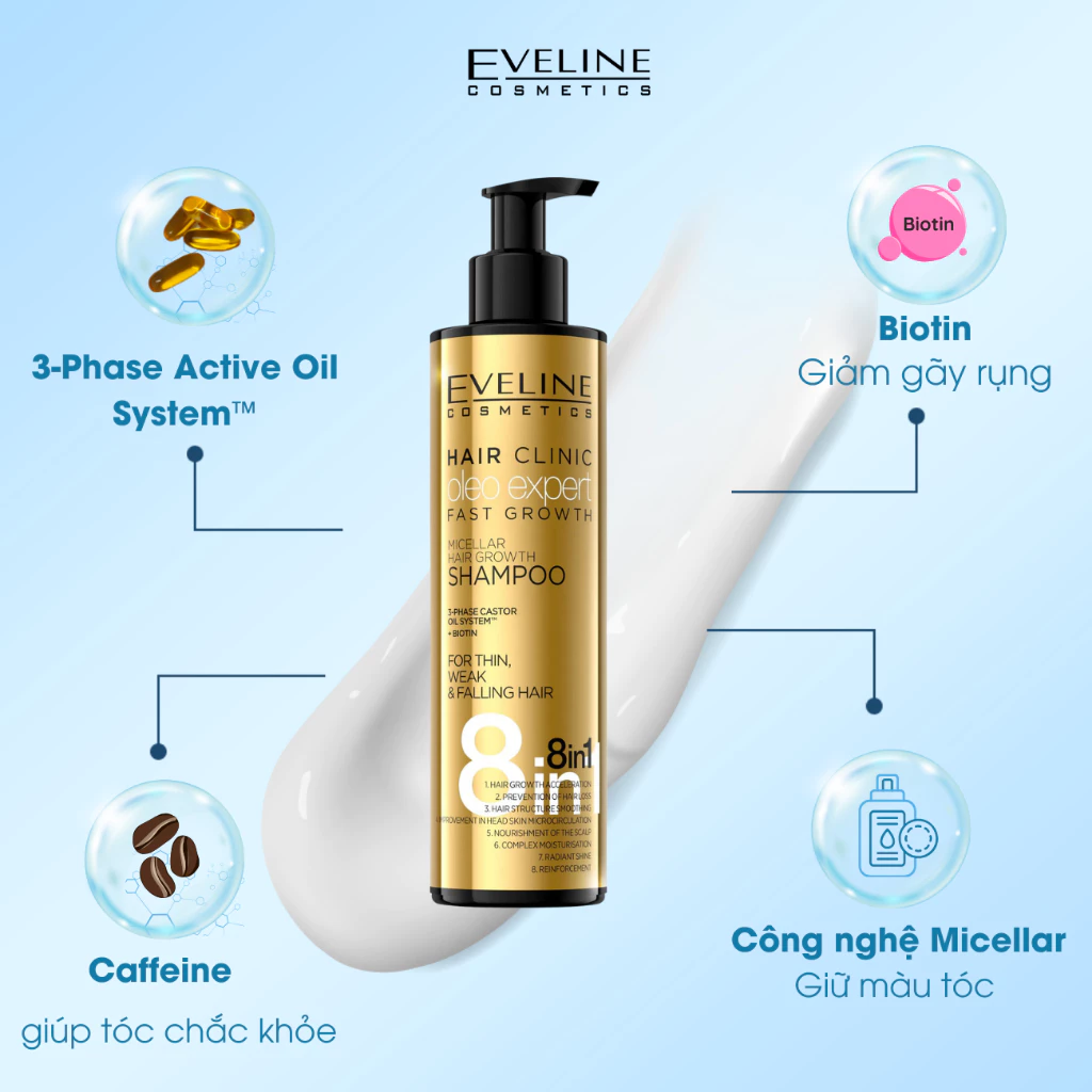 Dầu Gội Eveline Cosmetics Shampoo 8In1 Dưỡng Ẩm, Dưỡng Tóc Bóng Mượt 400ml