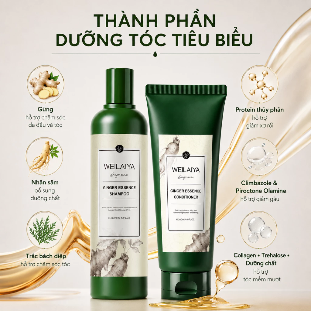 Bộ Gội Xả Weilaiya Ginger Hair Strength Shampoo & Conditioner Gừng Trắng, Giảm Rụng, Kích Mọc Tóc (Trắng Mới)