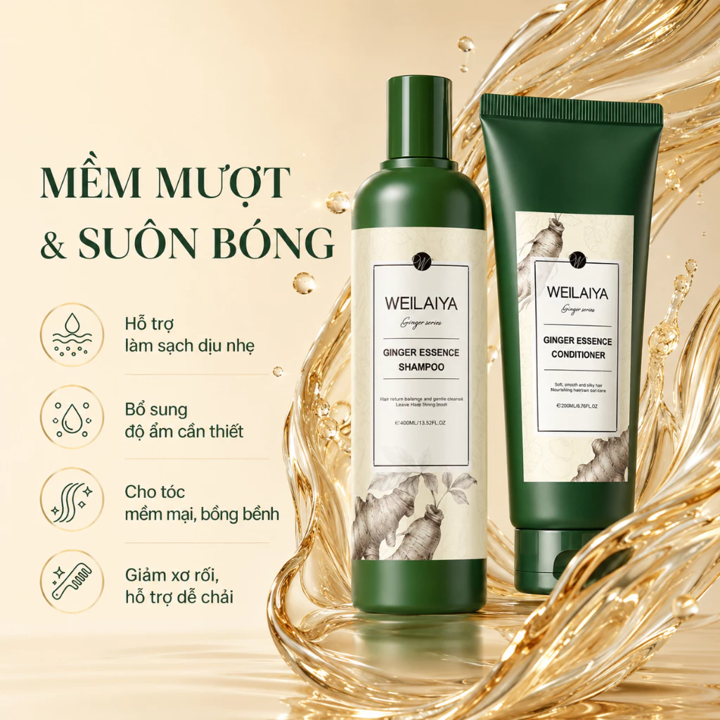 Bộ Gội Xả Weilaiya Ginger Hair Strength Shampoo & Conditioner Gừng Trắng, Giảm Rụng, Kích Mọc Tóc (Trắng Mới)
