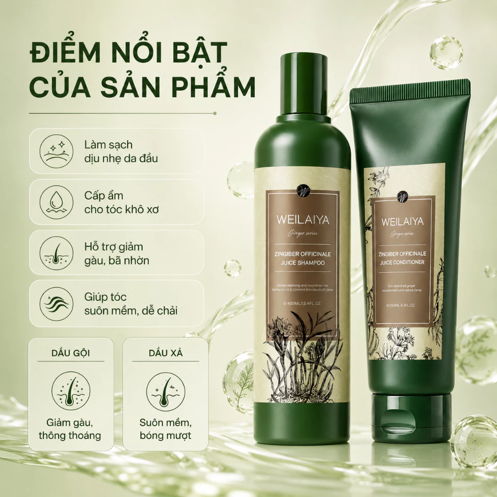 Bộ Gội Xả Weilaiya Zingiber Officinale Juice Repairment Hair Shampoo & Conditioner Gừng Hà Thủ Ô, Kích Mọc Tóc (Nâu Mới)