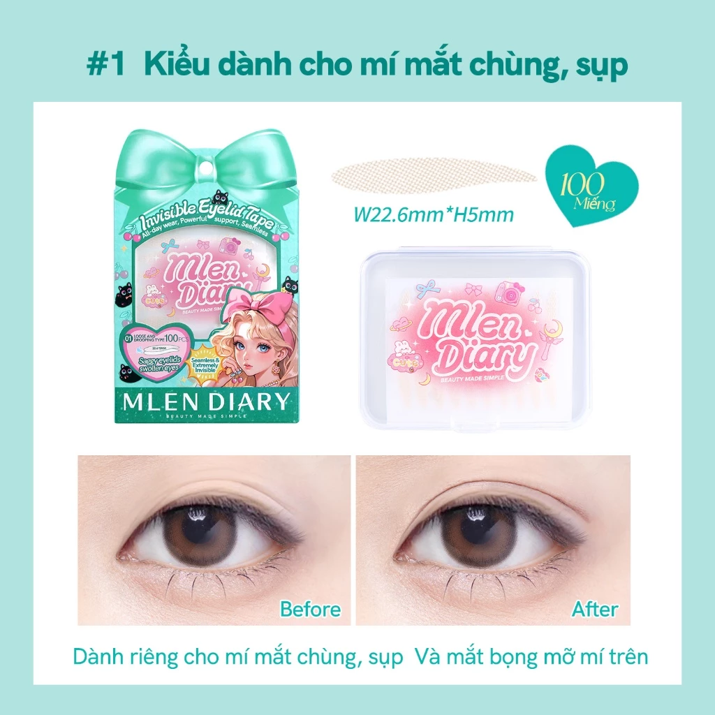 Kích Mí Mlen Diary Invisible Eyelid Tape Hình Lưỡi Liềm Đa Năng