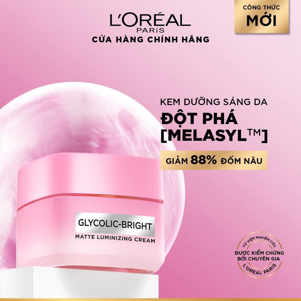 Kem Dưỡng Sáng Da L’Oreal Paris Glycolic-Bright Matte Luminizing Cream Cấp Ẩm, Mờ Thâm 30ml