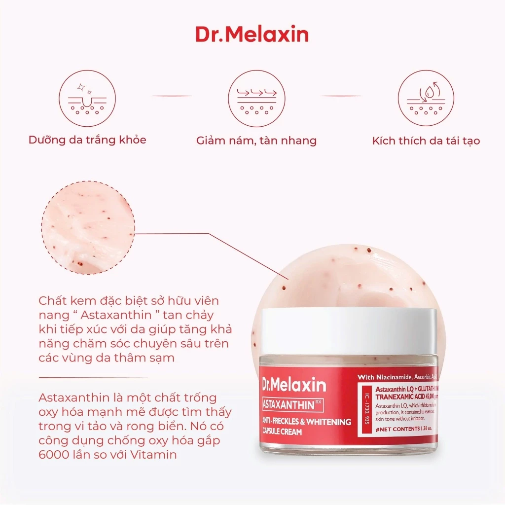 Kem Dưỡng Dr. Melaxin Astaxanthin Anti Freckles & Whitening Capsule Cream Trắng Da, Mờ Thâm 50g