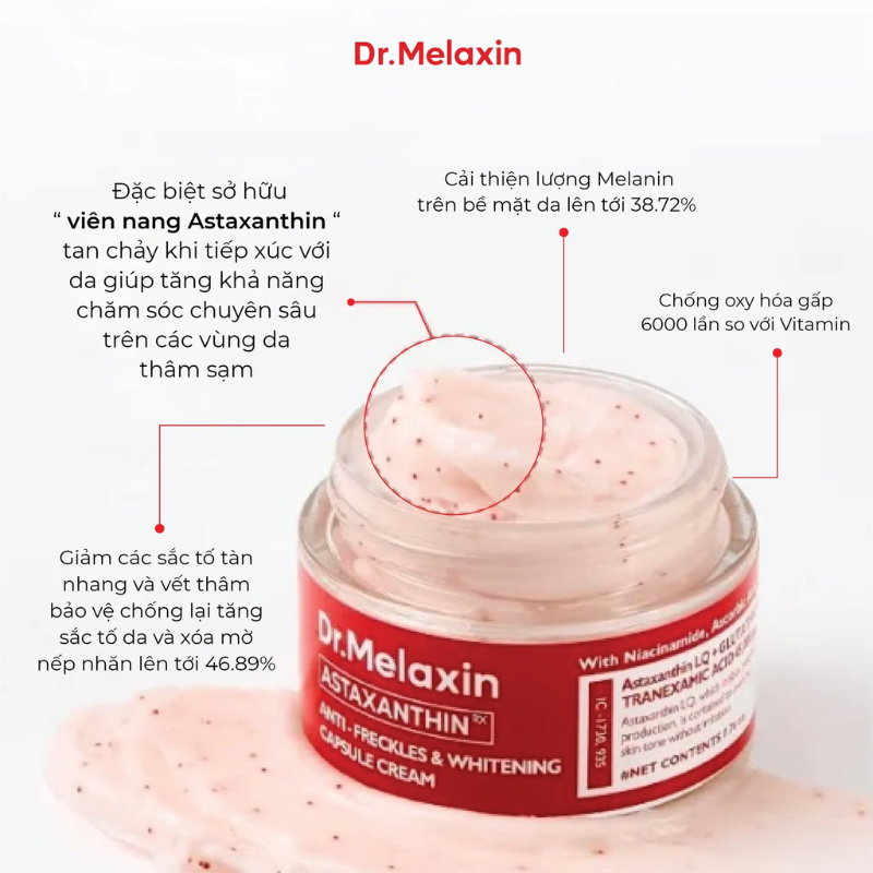 Kem Dưỡng Dr. Melaxin Astaxanthin Anti Freckles & Whitening Capsule Cream Trắng Da, Mờ Thâm 50g