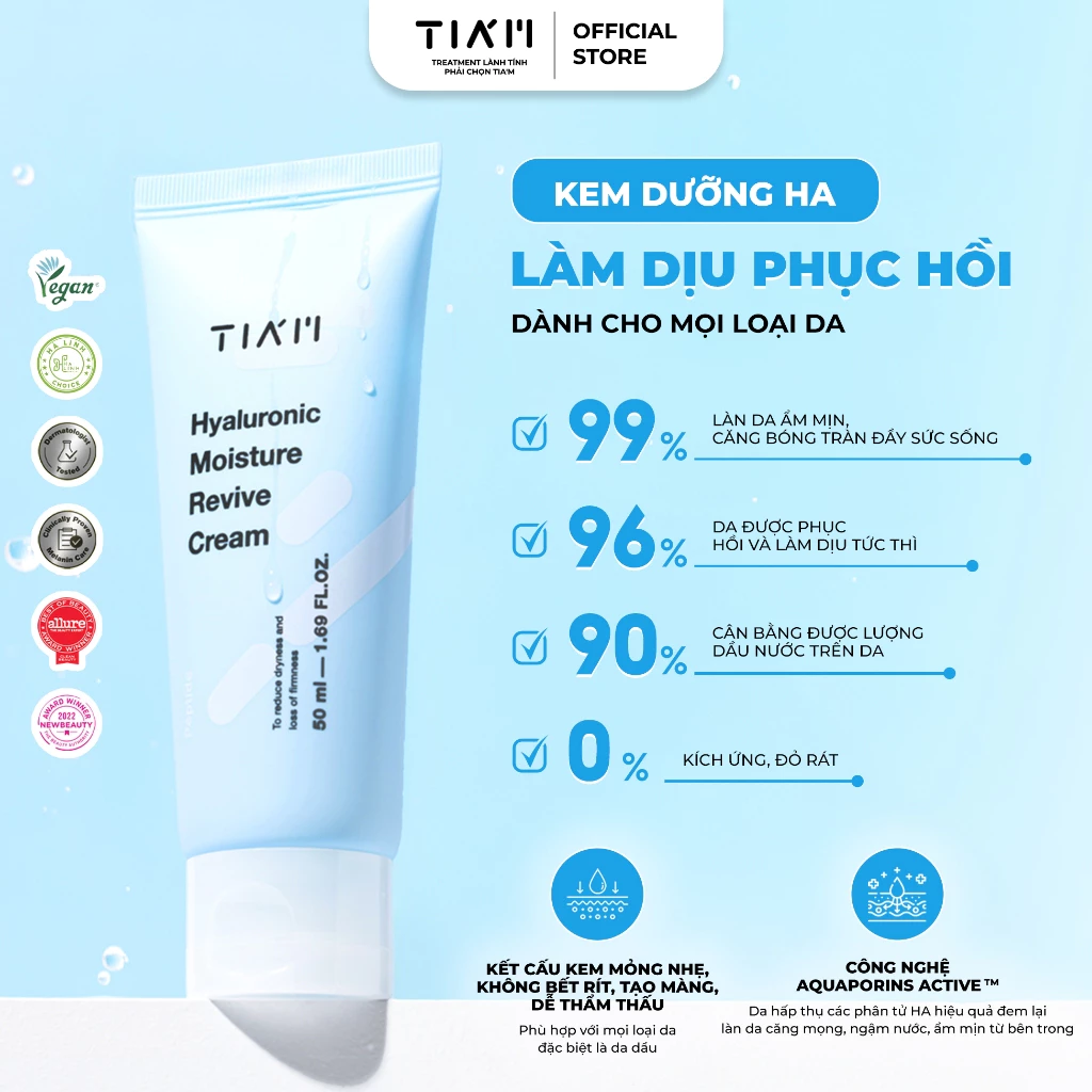 Kem Dưỡng Tia'm HA Hyaluronic Moisture Revive Cream Cấp Nước, Hỗ Trợ Căng Bóng Da 50ml