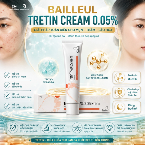 Kem Trị Mụn Bailleu Tretin Krem %0.05 Tretinoin Giảm Mụn, Trẻ Hóa Da 30g