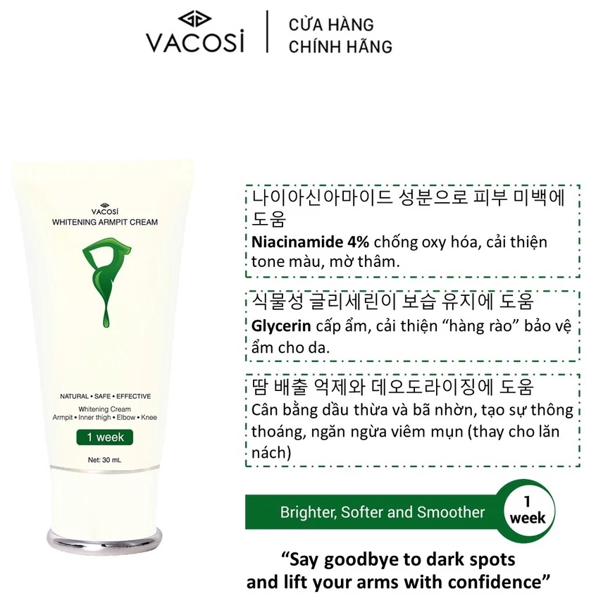 Kem Dưỡng Vùng Nách Vacosi Whitening Armpit Cream Làm Sáng Vùng Da Dưới Cánh Tay 30ml