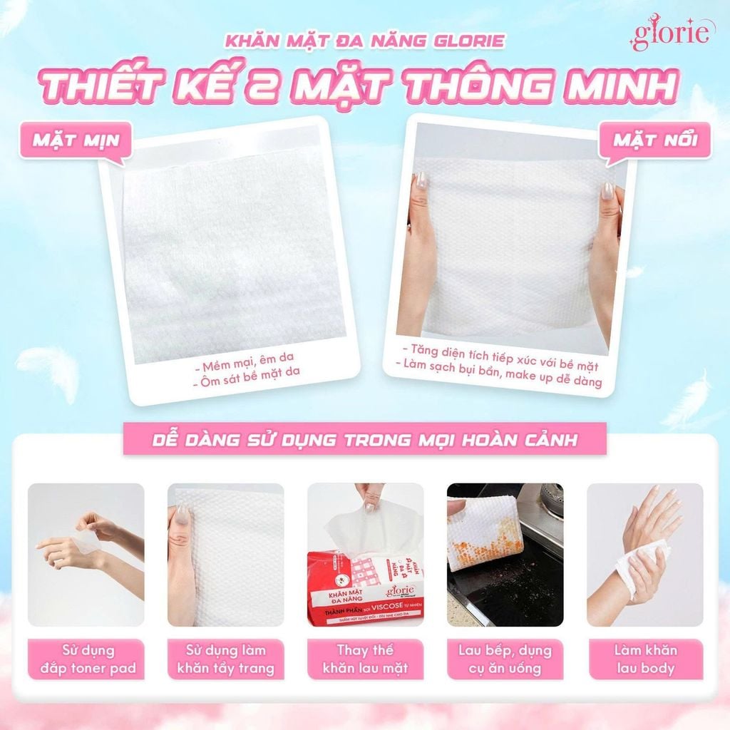 Khăn Mặt Đa Năng Glorie 100% Sợi Viscose Thiên Nhiên Cao Cấp 50 Miếng