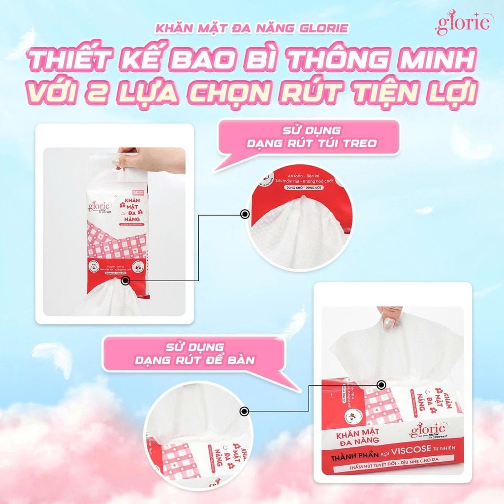 Khăn Mặt Đa Năng Glorie 100% Sợi Viscose Thiên Nhiên Cao Cấp 50 Miếng