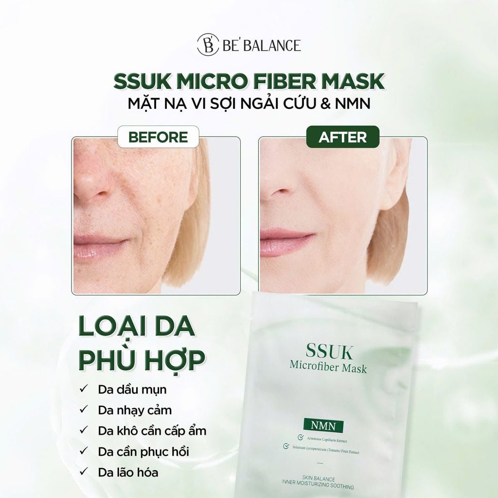 Mặt Nạ Vải Vi Sợi Be’Balance SSUK Microfiber Mask Ngải Cứu Cấp Ẩm, Làm Dịu, Chống Lão Hóa 30g