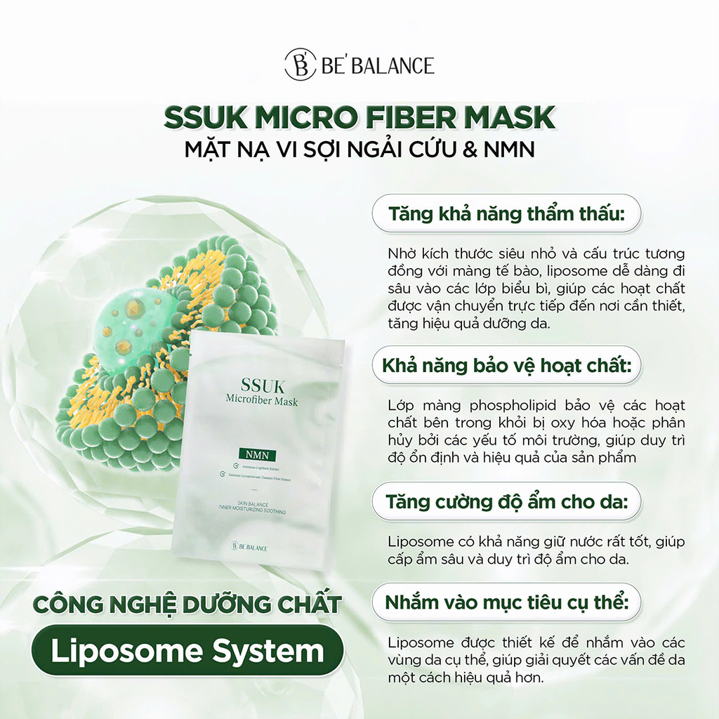 Mặt Nạ Vải Vi Sợi Be’Balance SSUK Microfiber Mask Ngải Cứu Cấp Ẩm, Làm Dịu, Chống Lão Hóa 30g